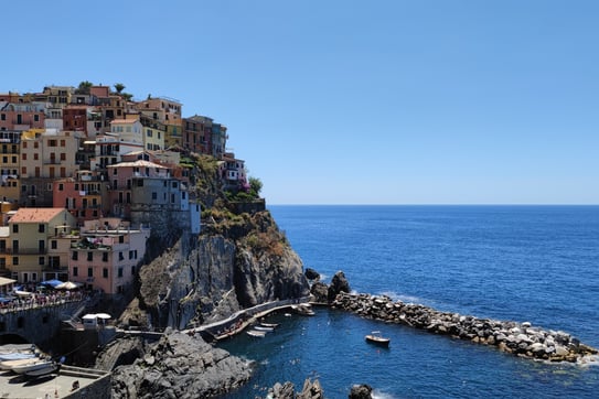 View of Manarola next to cliff and sea