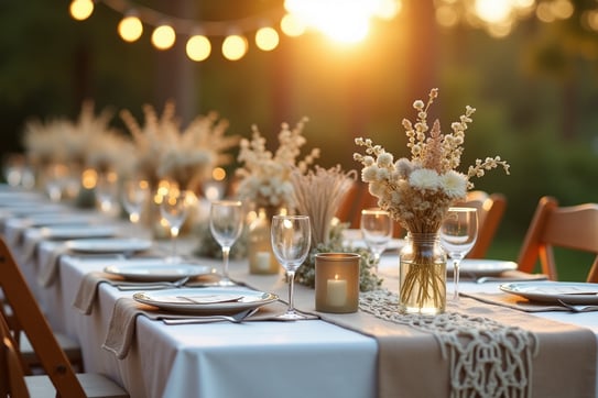 Table de mariage bohème avec guirlandes et objets déco DIY