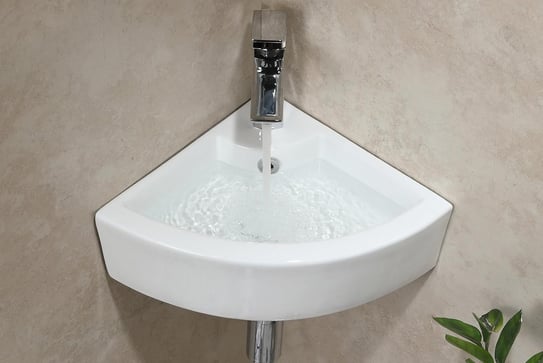 a corner sink with a plant in the corner