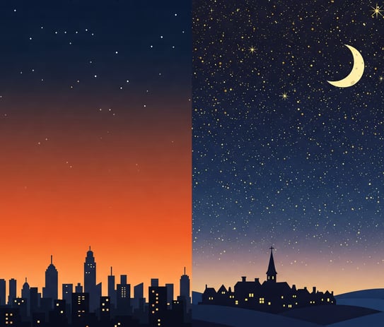 "Illustration of city lights vs. countryside night sky – A visual contrast between light pollution,
