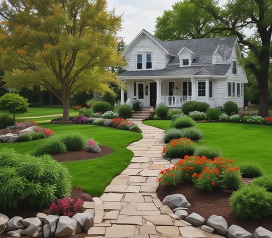 A scenic landscape featuring a variety of flowering plants and shrubs in the filled with vibrant flowers.