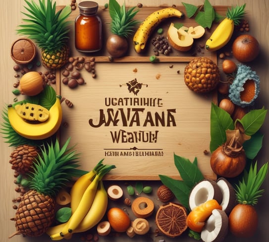 In a lush, green setting, a small sign framed in a rustic wooden frame indicates a commitment to serving organic produce. Next to the sign, there is a small stack of smooth stones placed neatly on a stone platform, giving a sense of tranquility and balance.