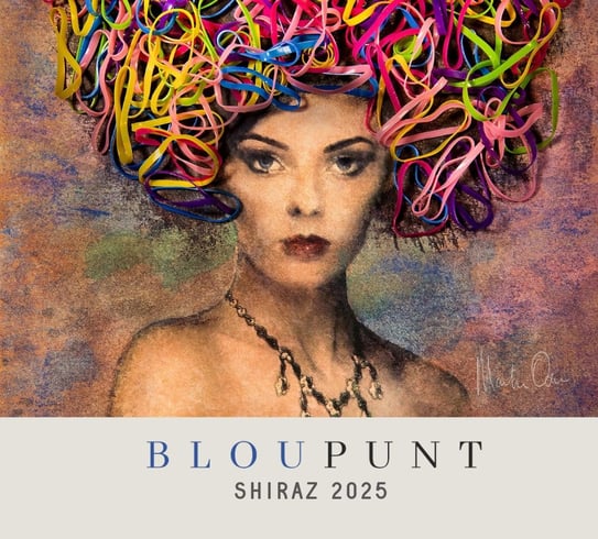 Candy Girl by Martin Osner – featured on Blou Punt Shiraz 2025 label, a hand-painted portrait with real rubber band details.