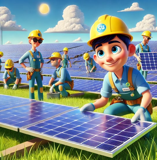 Operai in uniforme blu e caschi gialli che installano pannelli solari in un grande campo solare cartoon.
