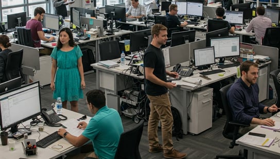 A busy office running smoothly with technology solutions.