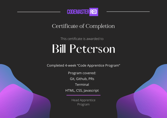 Code Apprentice Program Certificate example