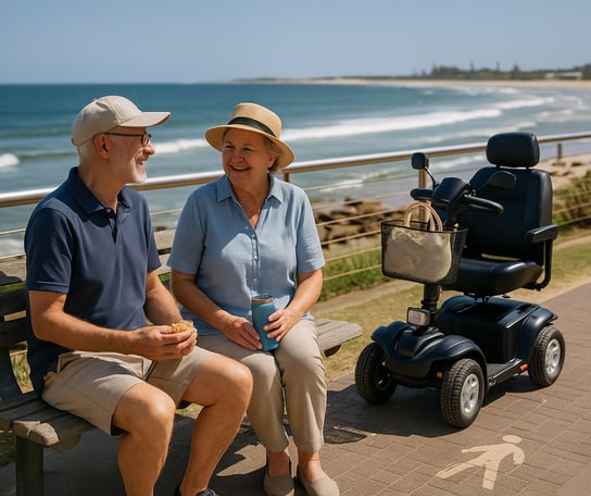 Elderly woman smiling while riding a mobility scooter along the beach path