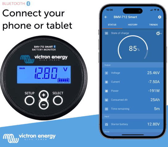 Victron BMV-712 Smart Battery Monitor displaying crucial power data, a key piece of RV technology