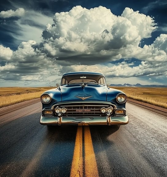 Amerikaanse vintage auto op een verlaten weg
