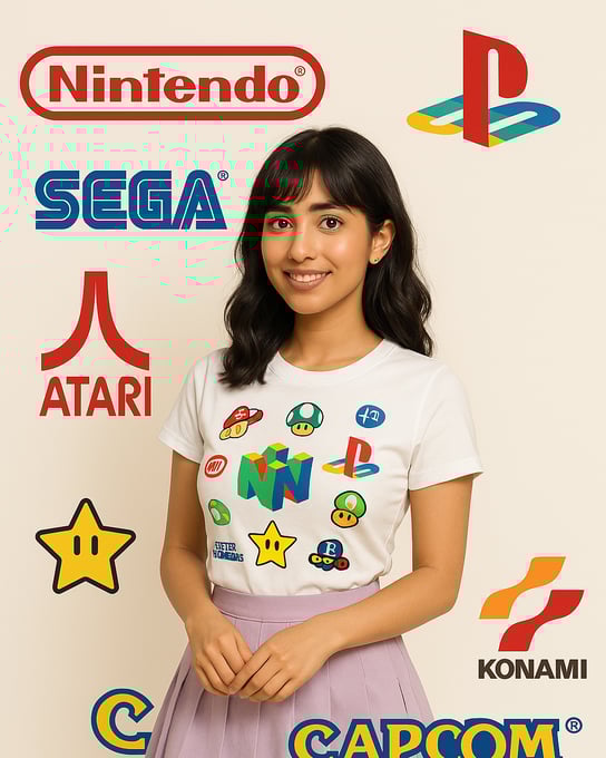 a woman in a skirted skirt and a nintendo wii gameboy