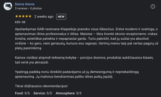 Atsiliepimai SABI Restorano