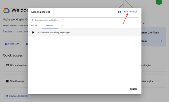 Google Cloud select project popup