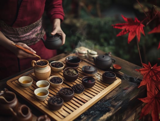 Traditional Chinese tea ceremony with various loose-leaf teas, clay pots, and autumn leaves.