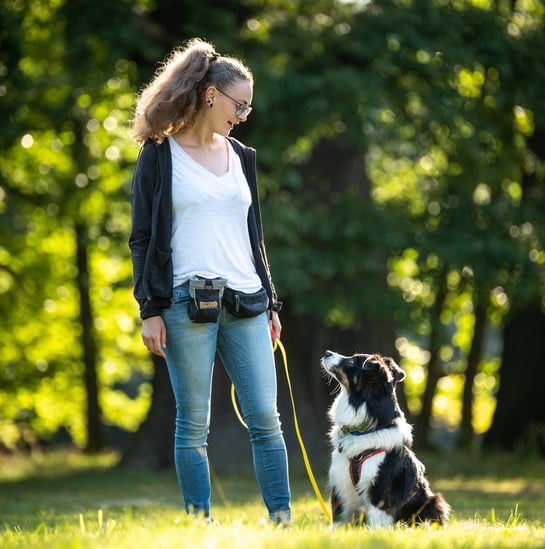 Antonia und Hund blicken sich an – achtsamer Spaziergang für Verbindung und Präsenz