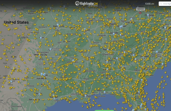 FlightRadar24 screenshot Dec2023. For WeatherSources realtime sample image for link.