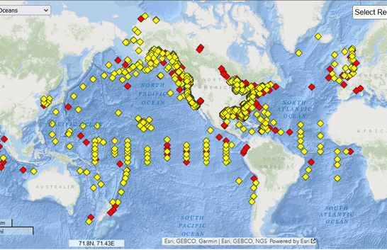 NOAA/NWS buoy data interactive map for buoy locations screenshot. For WeatherSources real time date weather page sample.