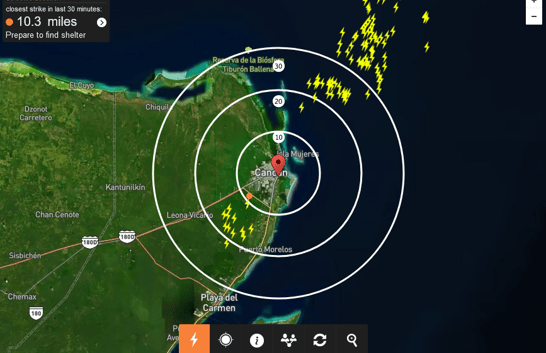 Lightning distance map for Cancun Mexico Dec 2023 to show the distance tool available with Spark.