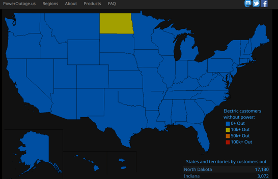 Sample screenshot of PowerOutage.us website of US showing map of states that can be clicked on to see county level detail.