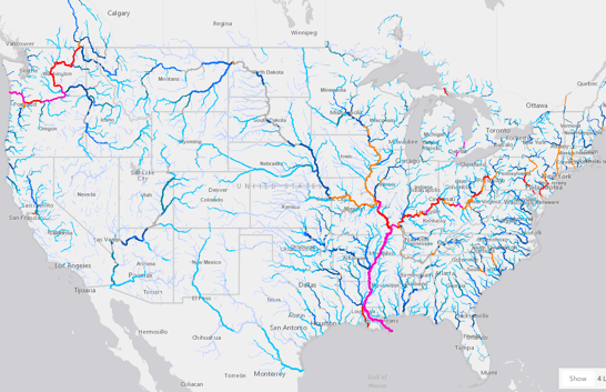 NOAA/NWS experimental Dec 2023 river gauge interactive map screen shot. For WeatherSources real time weather page.