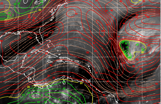 Wind shear map from SSEC WISC. Dec2023 screen shot showing colored wind shear contours with red(high), yellow(med),green(low)