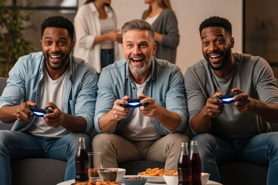a group of men sitting on a couch playing video games