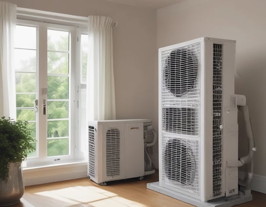 A white air conditioning unit is placed outside against a wall which is partially in shadow. Some branches with leaves are visible emerging from behind the wall. The background features a modern facade with vertical piping and a wire mesh design.