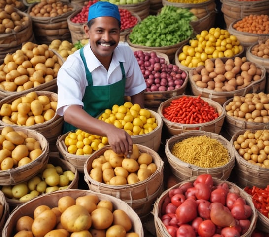 A vibrant market stall overflowing with a variety of fresh fruits and vegetables, including tomatoes, pineapples, peppers, beans, and pumpkins. The produce is artfully arranged in an inviting, colorful display under bright lighting. Shoppers are visible in the background, adding a lively atmosphere to the scene.