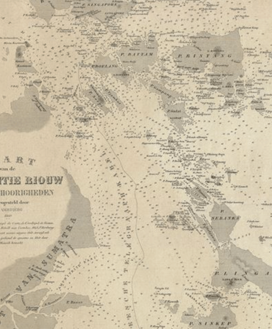 A Dutch map of Residentie Riouw en Onderhoorigheden (Residence of Riau and Dependencies) in 1860.