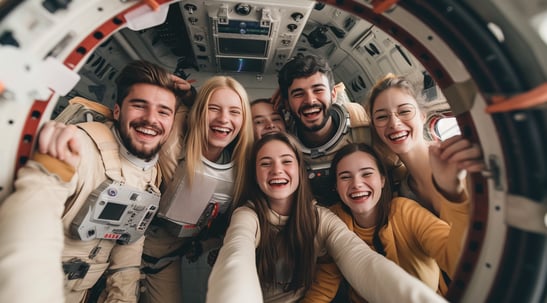 greenbox image of a group of people standing in a spaceship
