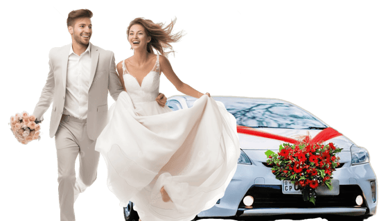 a bride and groom walking away from their wedding