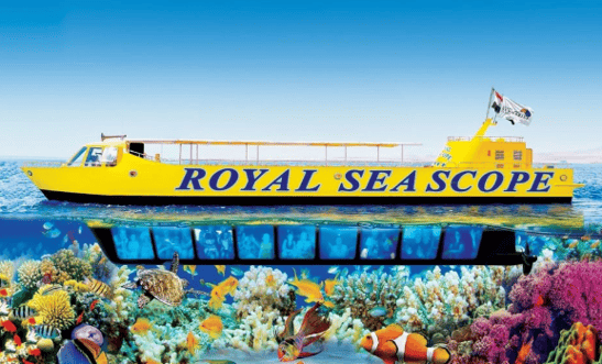 Underwater observation deck viewing Red Sea coral reefs in Hurghada.