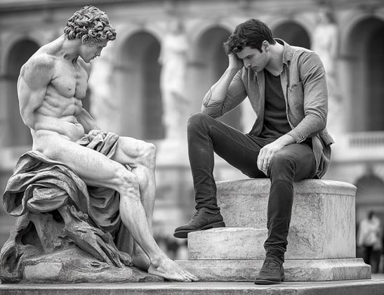 Homme pensif face à une statue antique, symbole de sagesse intemporelle.