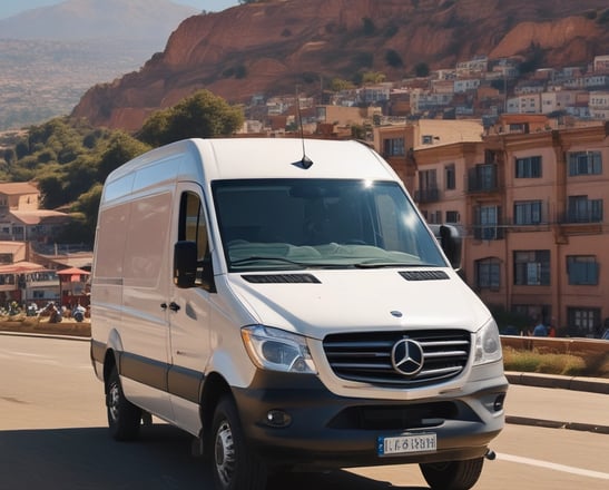 A green van with tropical palm tree graphics on its side is parked on an empty road. The rear of the vehicle shows a yellow print with a logo, and there is a clear view of the taillights. The background features a blurred landscape with trees, suggesting a scenic or natural location.