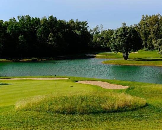 a golf course with a pond and a golf course Golf Club de lyon