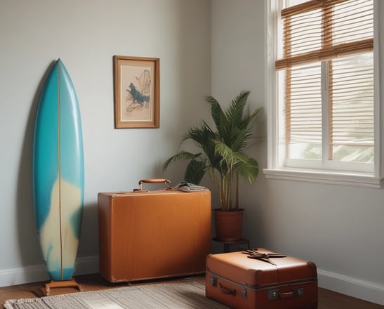 A person with a wetsuit tied around their waist stands on a sandy beach, looking towards the ocean. A surfboard is placed on a wooden bench next to them. The sky is clear and blue, creating a peaceful coastal scene.
