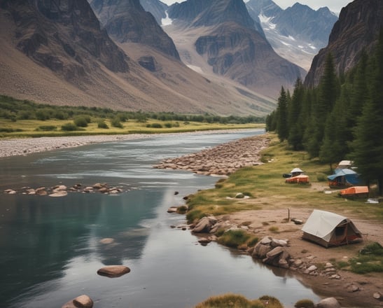 A rustic, makeshift shelter is parked on a dirt ground, covered partially with a yellow tarpaulin. Nearby, a sign indicates the acceptance of digital payments through Paytm. The backdrop features a serene landscape with distant mountains under a clear, darkening sky.