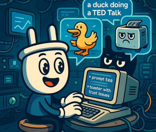 Cartoon plug characters generating funny AI image prompts on a computer, including a duck giving a T