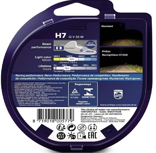 Philips Racing Vision GT200 H7 headlight bulbs installed in a car, illuminating the road with +200% brighter, ultra-precise