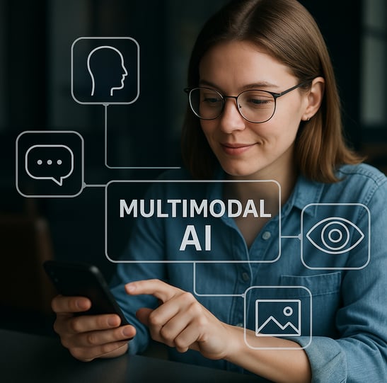Pessoa usando assistente virtual com comandos de voz e imagem, representando a inteligência artificial multimodal.