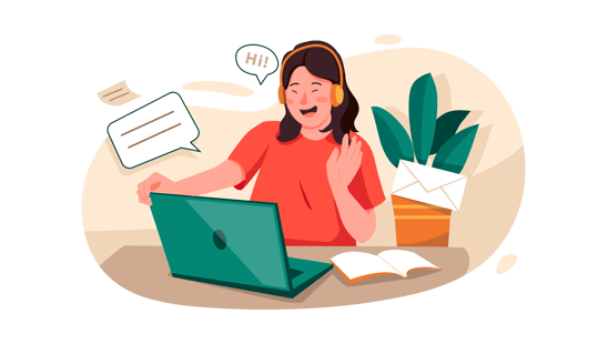 "Illustration of a happy adult with stroke engaging in online speech therapy with a laptop