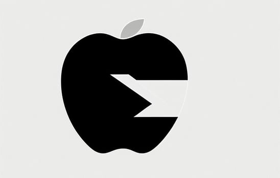 a black and white apple logo with a chunk broken into it  on a white background