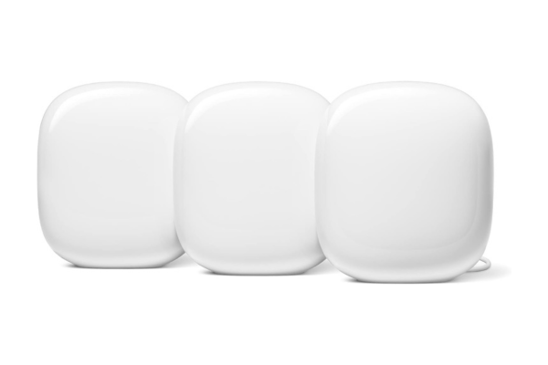 Google Nest WiFi Pro router in glossy white, minimal round shape without visible antennas, centered 