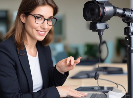 a woman in a suit and glasses is holding a camera