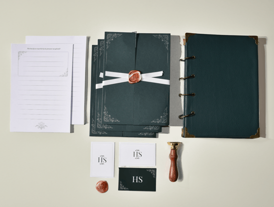 Herinner Samen schrijfpapier, bundels, visitekaartjes, wax logo en herinnerboek