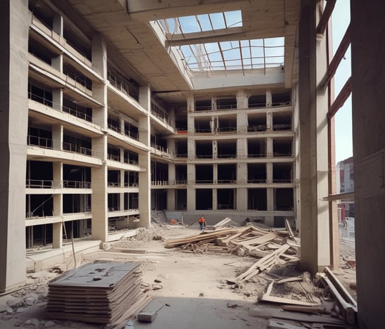 Two high-rise buildings under construction dominate the scene, featuring multiple floors with large glass windows. A yellow construction crane is situated between the buildings, indicating ongoing construction work. The structures have a modern design with a mixture of reflective panels and unfinished surfaces.