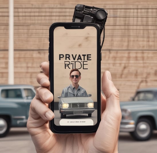 A person holds a smartphone displaying the Uber logo on the screen. The phone is oriented vertically and appears to be in use. The person is dressed in a light-colored sleeve, and the background is a neutral, blurry surface.