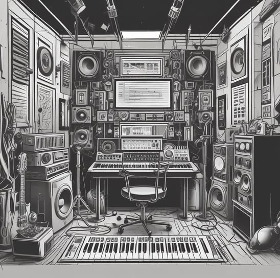 a music studio with a keyboard and a keyboard