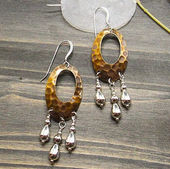 hammered brass with sterling silver teardrops earrings