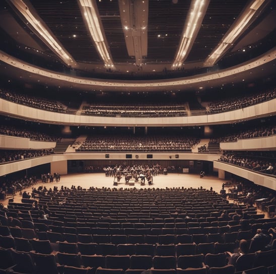 A conductor passionately leads an orchestra, with musicians attentively playing their string instruments. The setting is a concert hall with dim lighting focused on the performers.