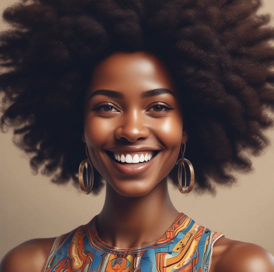 A woman with styled hair and a jeweled headband smiles broadly. She is wearing a detailed, beaded garment. The background displays various hairstyling products and equipment.